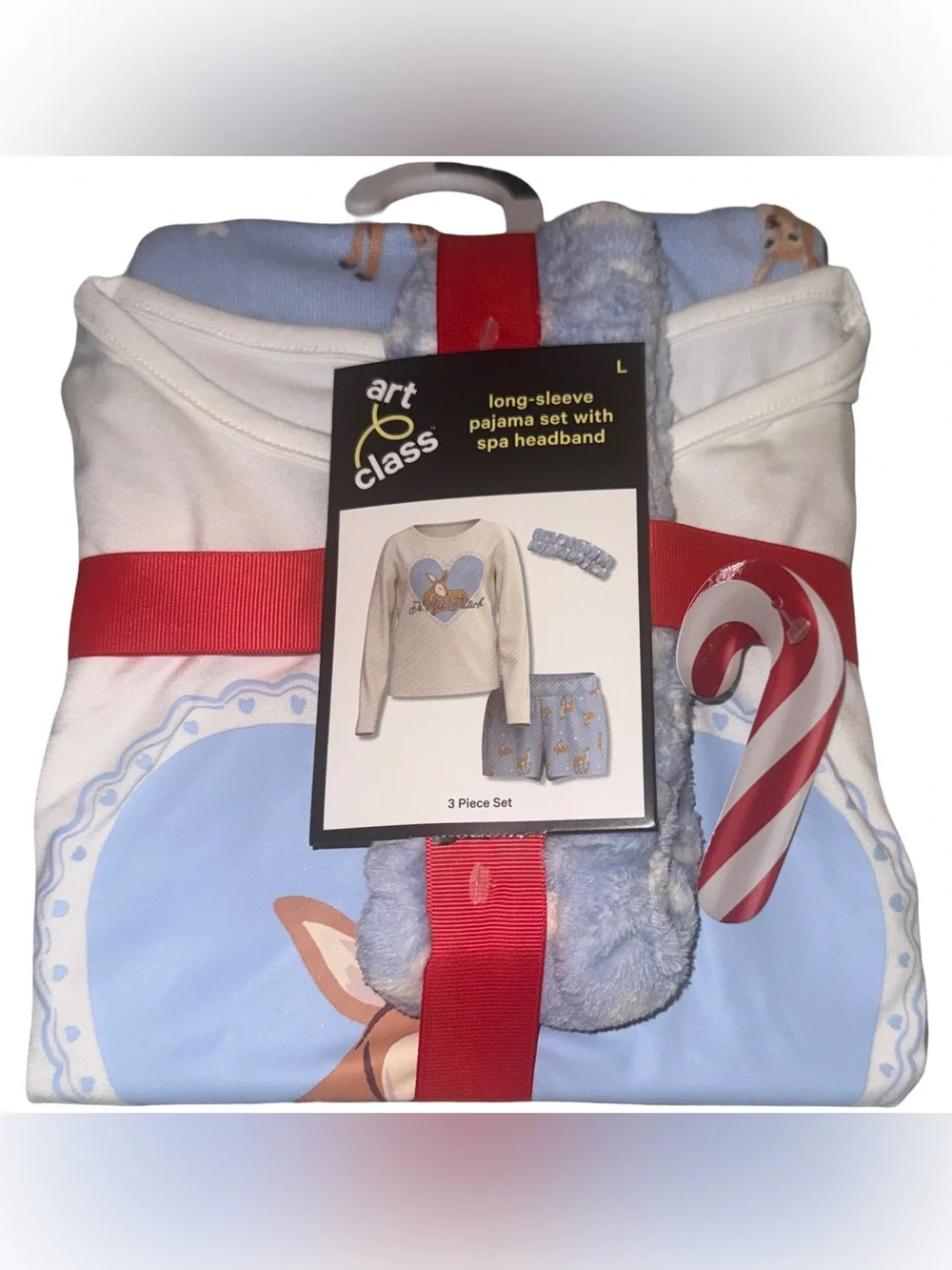 Girls Long Sleeve Pajama Set w/ Headband 3 Pc Set White, Blue, Deer L: 10-12 NWT